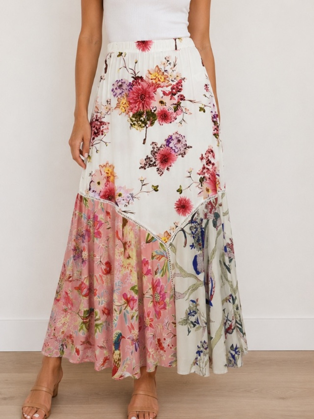 Chelsea & Theodore Floral Patchwork Maxi Skirt in Ivory, Pink, Green